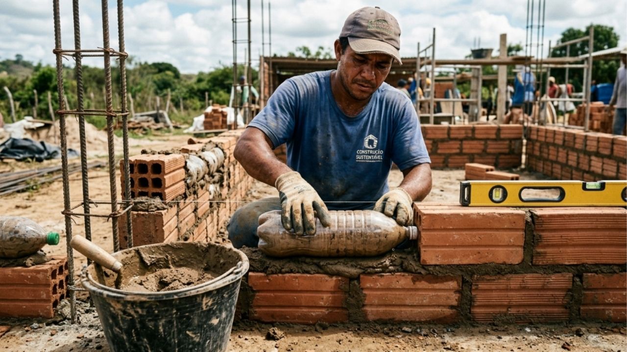 Pedreiros estão erguendo casas com garrafas PET e terra compactada, sem cimento nas paredes, e a obra fica pronta em 10 dias