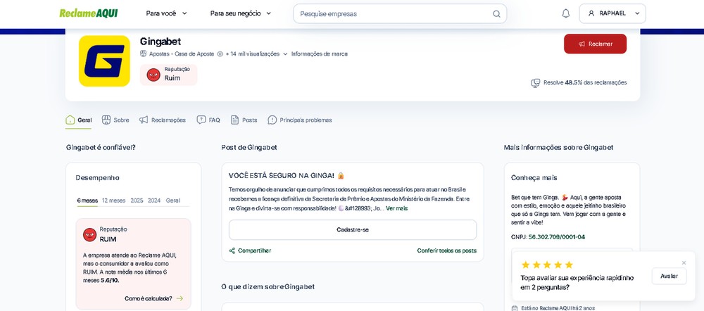Ginga Bet aparece com reputação “Ruim” no Reclame Aqui, com menos da metade das reclamações solucionadas no período analisado — Foto: Reprodução/Reclame Aqui