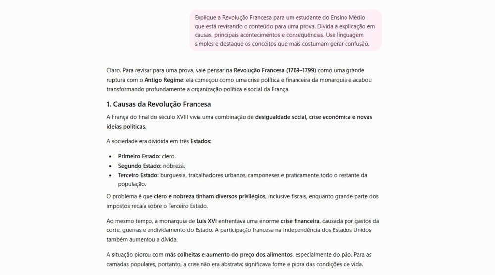 Estudantes podem obter melhores respostas da IA ao fornecer prompts mais detalhados — Foto: Reprodução/Júlia Silveira