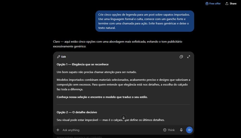 O ChatGPT fornece diferentes opções de legendas para um mesmo post — Foto: Reprodução/Gabriel Pereira