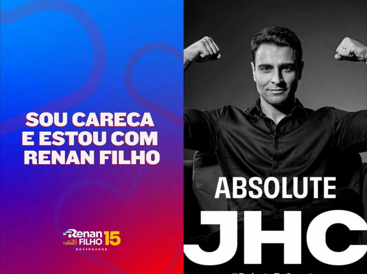 imagem colorida de peças de campanha produzidas por Renan Filho e JHC na campanha após o debate