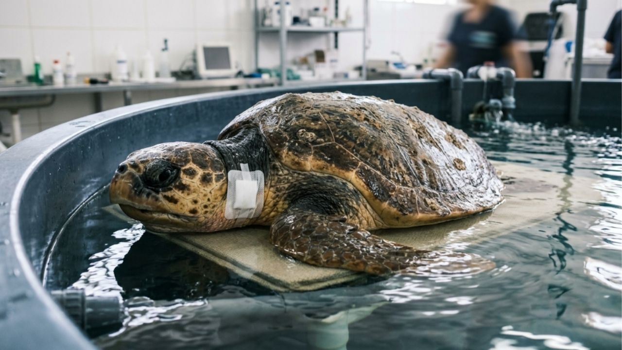 Tartaruga marinha resgatada com anzol na garganta passa por cirurgia: como funciona a volta ao mar e o rastreamento de suas rotas