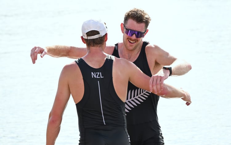 Ben Taylor and Oliver Welch of New Zealand celebrate winning the Men's Coxless Pair Final at the 2025 World Rowing Championships in Shanghai.
