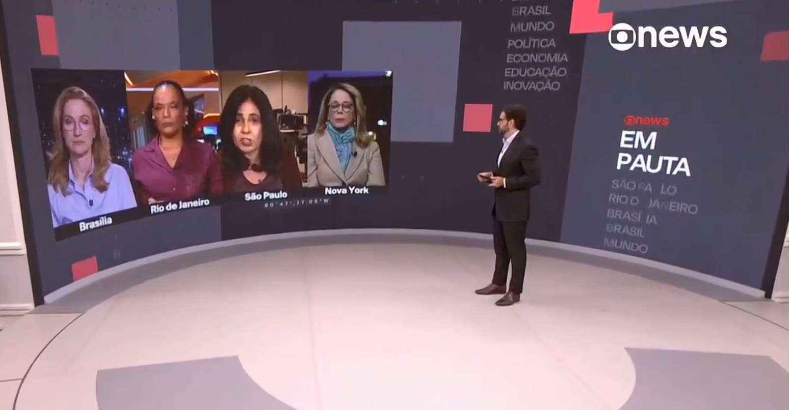 O momento em que Maria Cristina Fernandes (terceira no telão do estúdio) comentou sobre o suposto projeto contra Nossa Senhora que revoltou os católicos