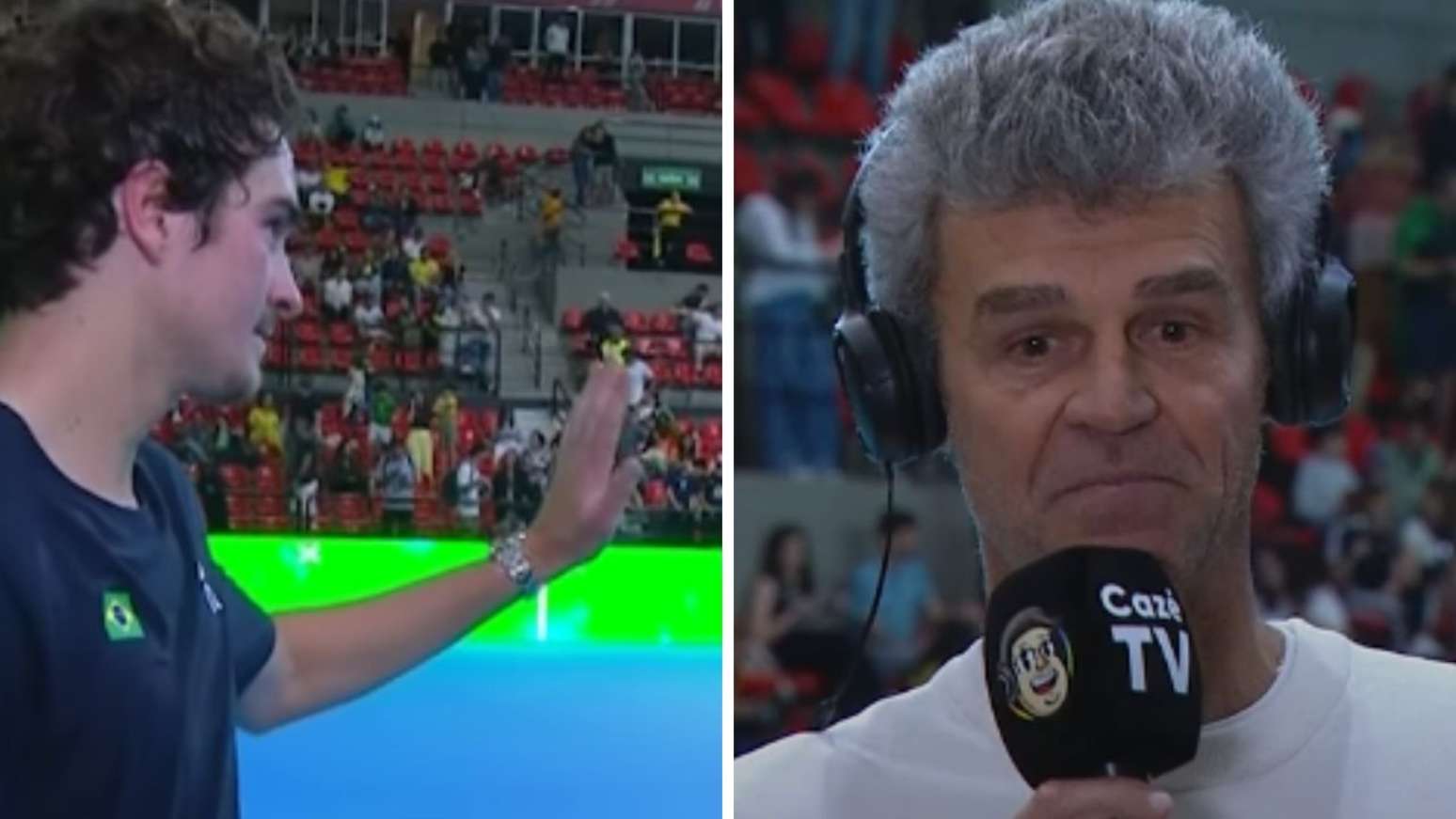 Jo&atilde;o Fonseca (&agrave; esquerda) pediu desculpas a Guga pela interrup&ccedil;&atilde;o