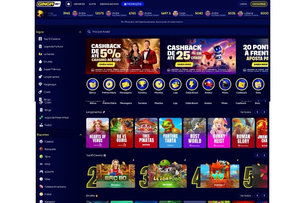 Ginga Bet reúne apostas esportivas, jogos de cassino, promoções e atalhos de navegação em sua interface oficial na web — Foto: Reprodução/Ginga Bet