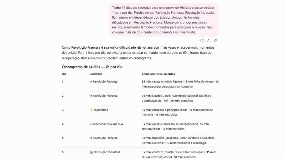 ChatGPT pode sugerir cronograma de estudos adaptado à realidade do estudante — Foto: Reprodução/Júlia Silveira
