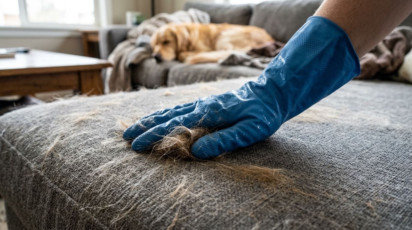 O truque da luva de borracha umedecida passada no sofá que atrai os pelos de animais como um ímã: o atrito gera energia estática que agrupa os fios invisíveis do tecido em rolos fáceis de recolher, poupando o trabalho do aspirador