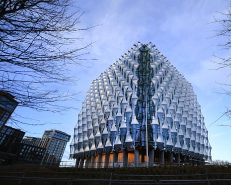 The new US embassy in London, a pyramid-shaped building with white conical panels