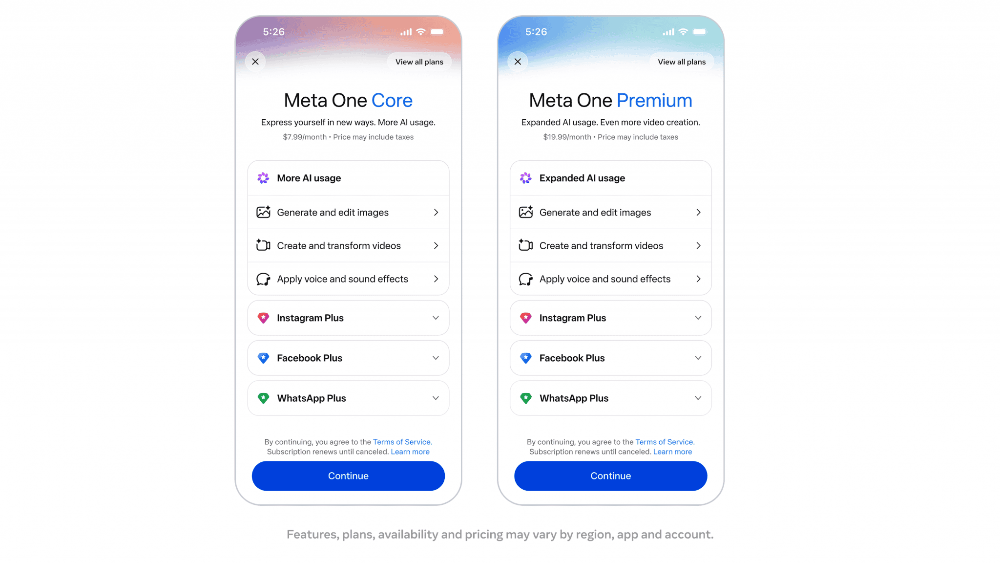 Planos Meta One Core e Premium com recursos de inteligência artificial